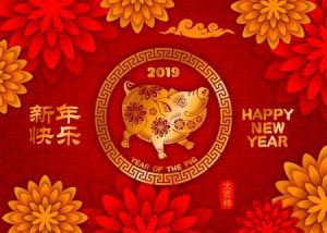 Chinese New Year 2019 festive card design with cute pig, zodiac symbol of 2019 year. Chinese Translation Happy New Year, wishes of good luck (on stamp). Vector illustration.